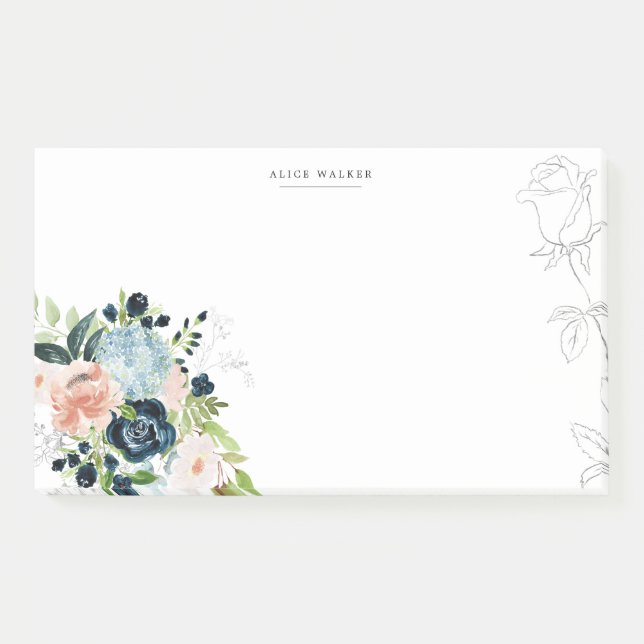 Midnight Blue Floral Blush Stationery Note Card (Front)