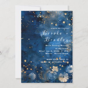 Midnight Blue Floral Galaxy Wedding Invitation