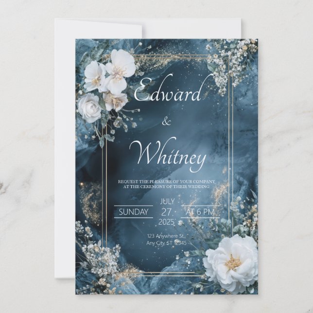 Midnight Blue Floral Gold Frame Celestial Wedding Invitation (Front)