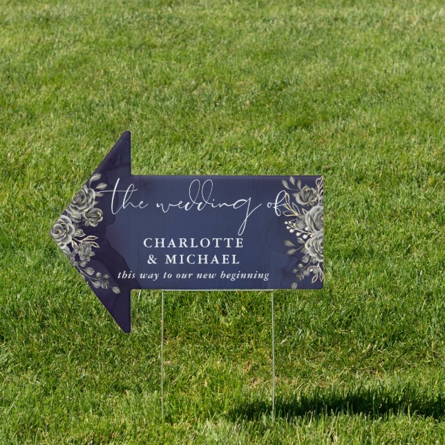 Midnight Blue Floral Gothic Wedding Arrow Sign (Insitu)