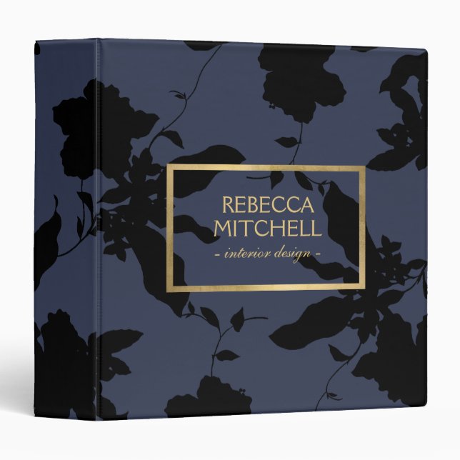 Midnight Blue Floral Pattern Personalized Binder (Front/Spine)