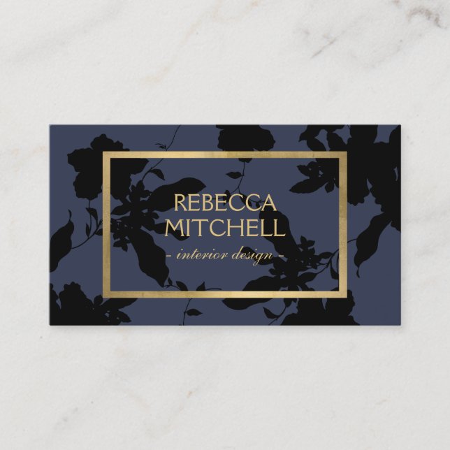 Midnight Blue Floral Pattern with Gold Accents Business Card (Front)