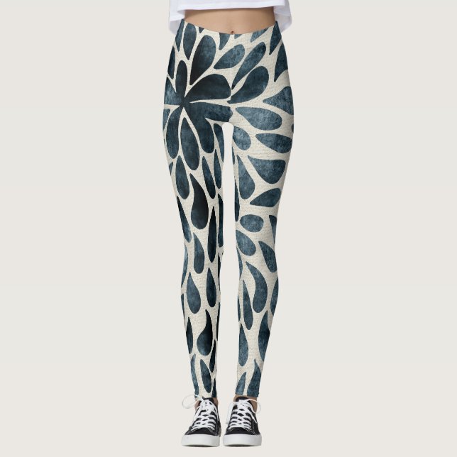 Midnight Blue Floral Petal Pattern Artsy Leggings (Front)