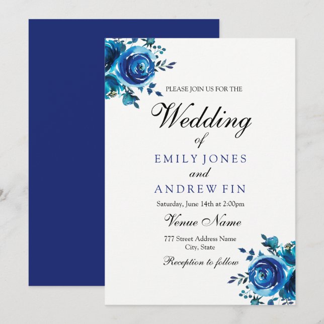 Midnight Blue Floral Rose Wedding Invitation (Front/Back)