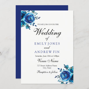 Midnight Blue Floral Rose Wedding Invitation
