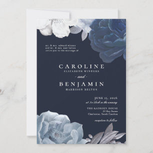 Midnight Blue Floral Silver Leaf Romantic Wedding Invitation