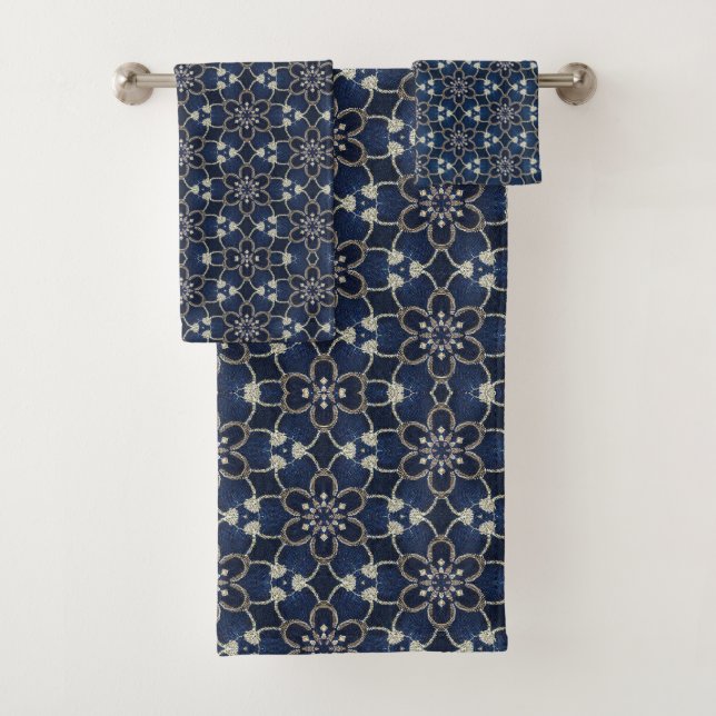 Midnight Blue Flowers Pattern Bath Towel Set (Insitu)