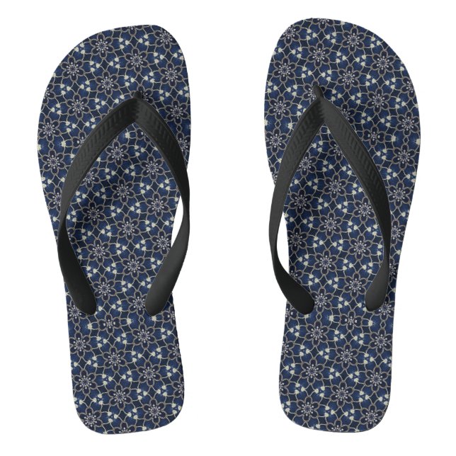 Midnight Blue Flowers Pattern Flip Flops (Footbed)