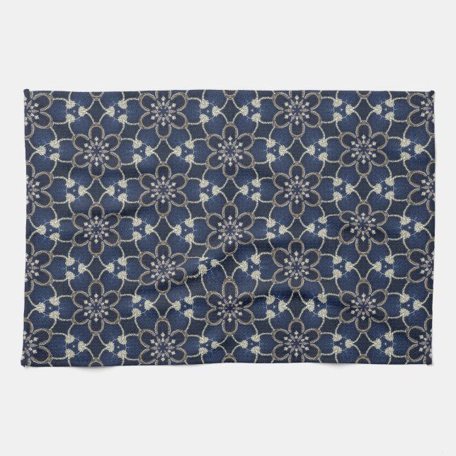 Midnight Blue Flowers Pattern Kitchen Towel (Horizontal)