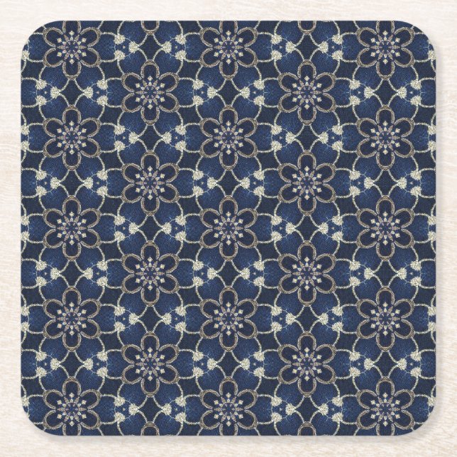 Midnight Blue Flowers Pattern Square Paper Coaster (Front)