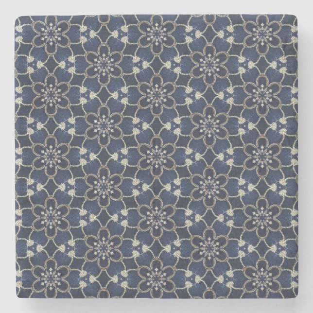 Midnight Blue Flowers Pattern Stone Coaster (Front)