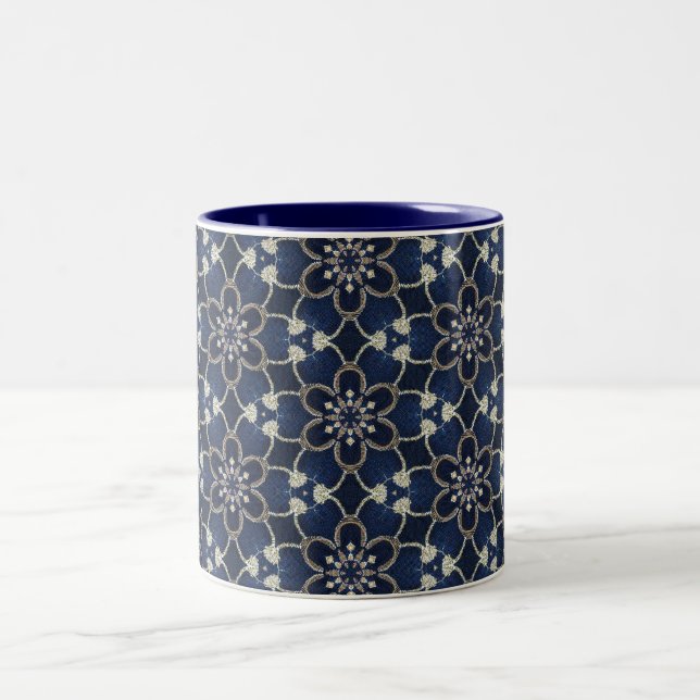 Midnight Blue Flowers Pattern Two-Tone Coffee Mug (Center)