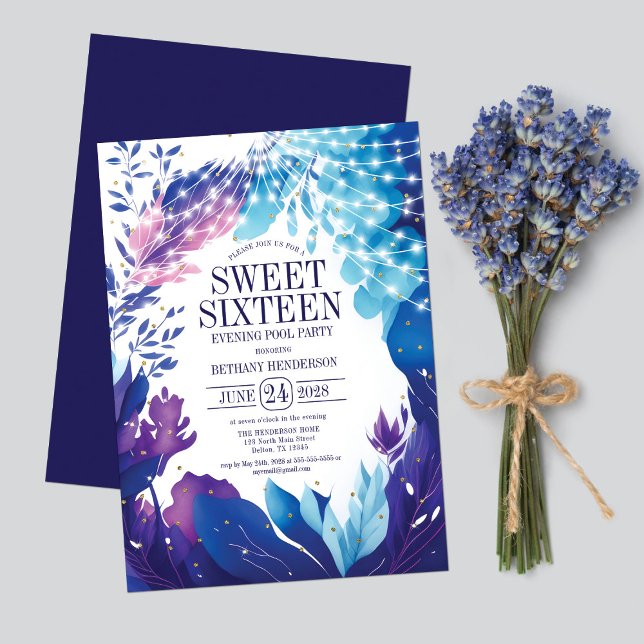 Midnight Blue Foliage Evening Pool Party Sweet 16 Invitation (Creator Uploaded)