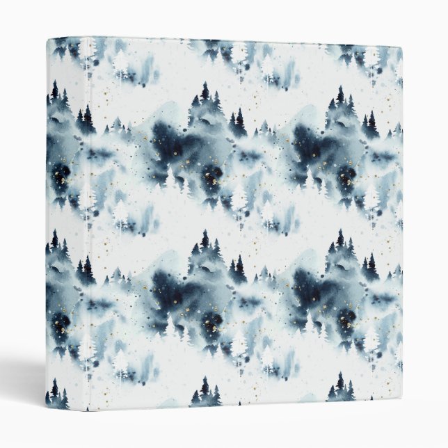 Midnight Blue Forest Watercolor Pattern 3 Ring Binder (Front/Spine)