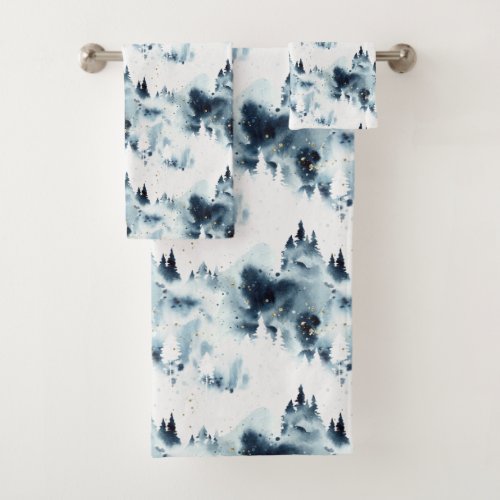 Midnight Blue Forest Watercolor Pattern Bath Towel Set