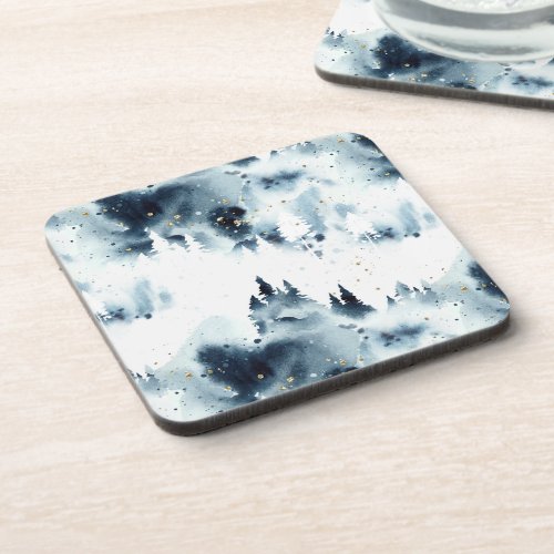 Midnight Blue Forest Watercolor Pattern Beverage Coaster