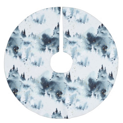Midnight Blue Forest Watercolor Pattern Brushed Polyester Tree Skirt
