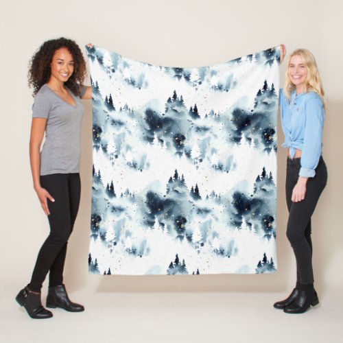 Midnight Blue Forest Watercolor Pattern Fleece Blanket