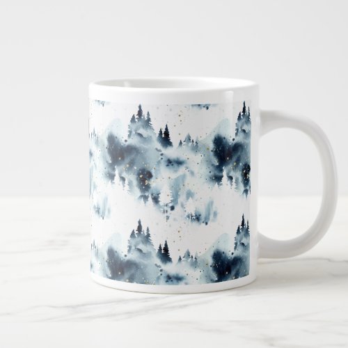 Midnight Blue Forest Watercolor Pattern Giant Coffee Mug