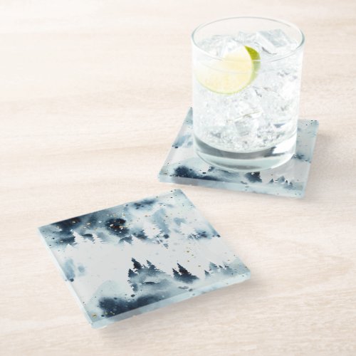 Midnight Blue Forest Watercolor Pattern Glass Coaster