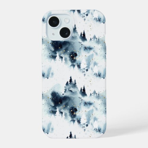 Midnight Blue Forest Watercolor Pattern iPhone 15 Case