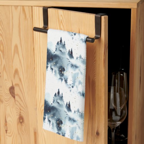 Midnight Blue Forest Watercolor Pattern Kitchen Towel