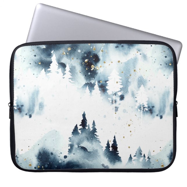 Midnight Blue Forest Watercolor Pattern Laptop Sleeve (Front)
