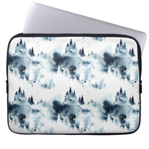 Midnight Blue Forest Watercolor Pattern Laptop Sleeve