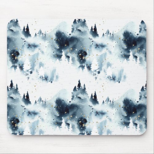 Midnight Blue Forest Watercolor Pattern Mouse Pad