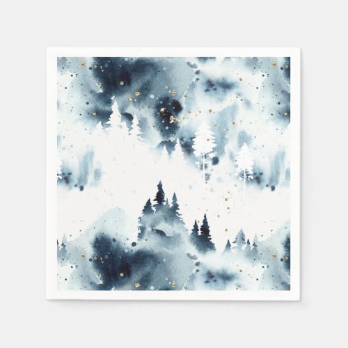 Midnight Blue Forest Watercolor Pattern Napkins