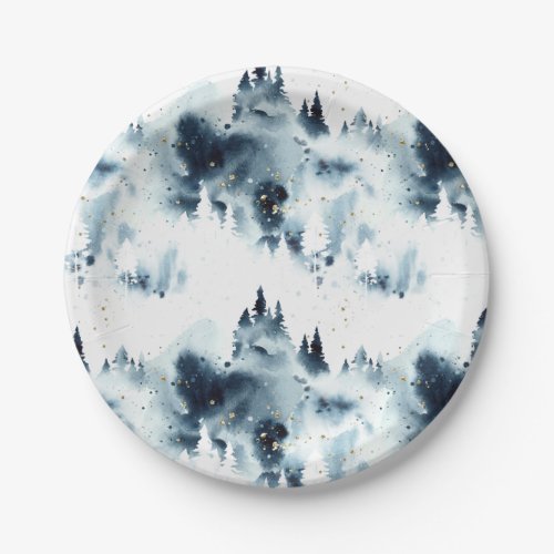 Midnight Blue Forest Watercolor Pattern Paper Plates