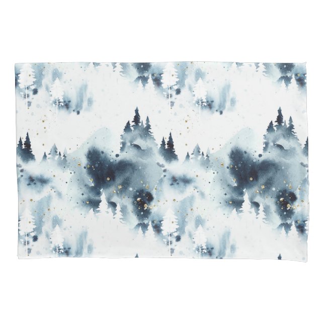 Midnight Blue Forest Watercolor Pattern Pillow Case (Front-Left)