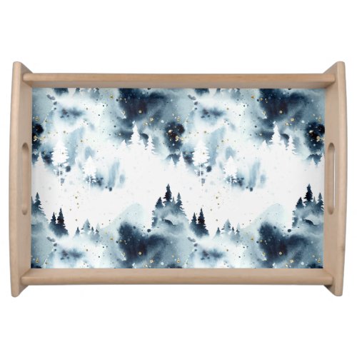 Midnight Blue Forest Watercolor Pattern Serving Tray