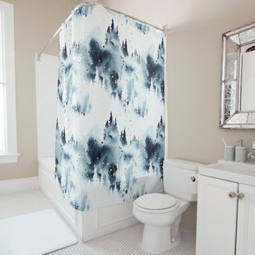 Midnight Blue Forest Watercolor Pattern Shower Curtain