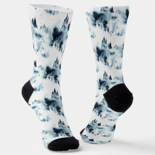Midnight Blue Forest Watercolor Pattern Socks