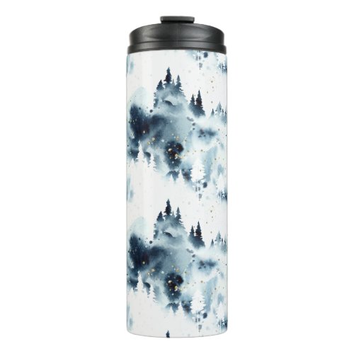 Midnight Blue Forest Watercolor Pattern Thermal Tumbler