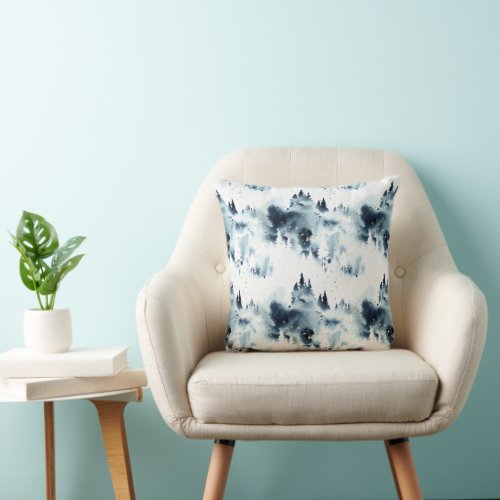 Midnight Blue Forest Watercolor Pattern Throw Pillow