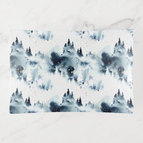 Midnight Blue Forest Watercolor Pattern Trinket Tray