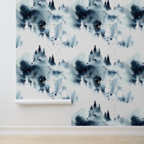 Midnight Blue Forest Watercolor Pattern Wallpaper