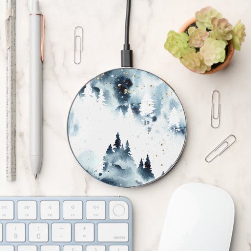 Midnight Blue Forest Watercolor Pattern Wireless Charger