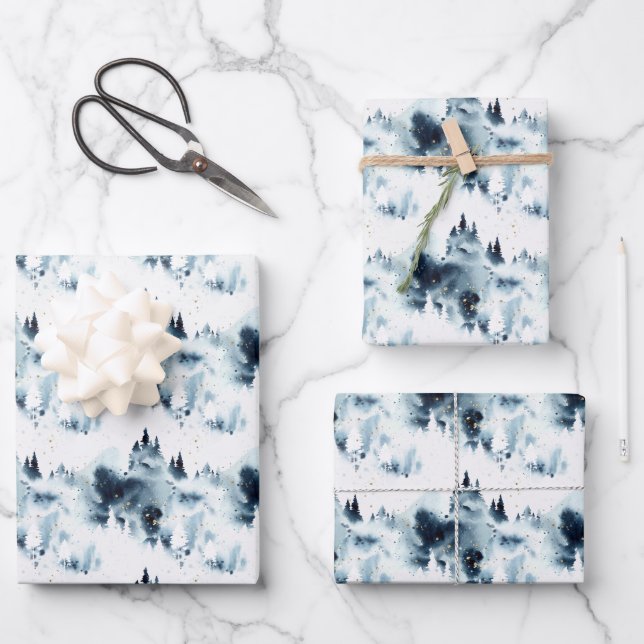 Midnight Blue Forest Watercolor Pattern Wrapping Paper Sheets (Front)