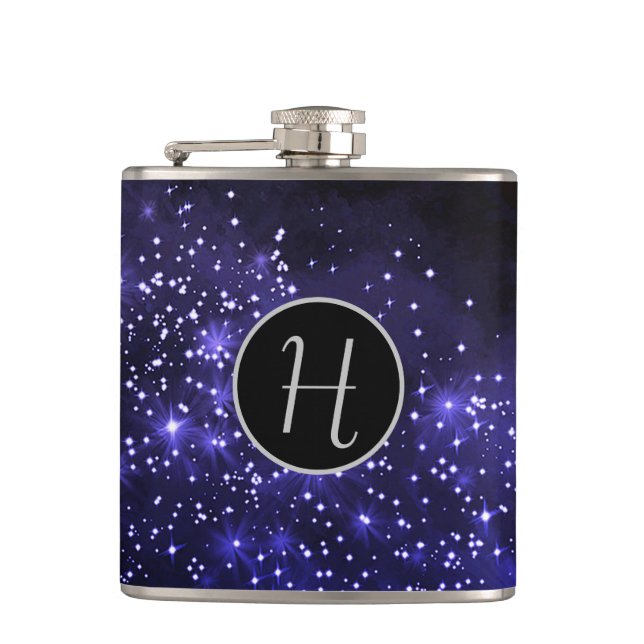 Midnight Blue Galaxy Monogrammed Flask (Front)