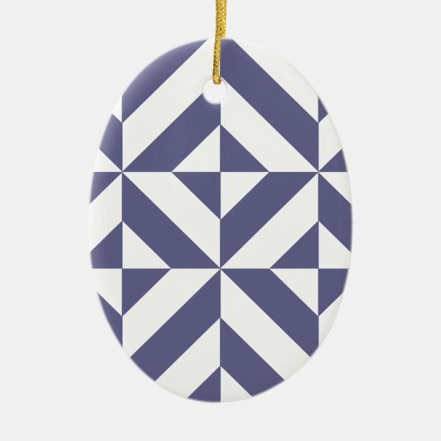Midnight Blue Geometric Deco Cube Pattern Ceramic Ornament (Front)