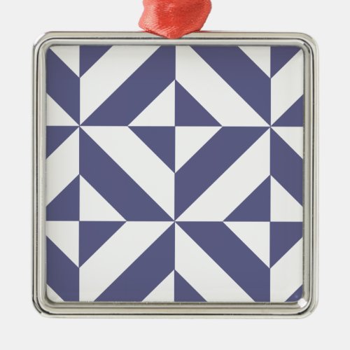 Midnight Blue Geometric Deco Cube Pattern Metal Ornament