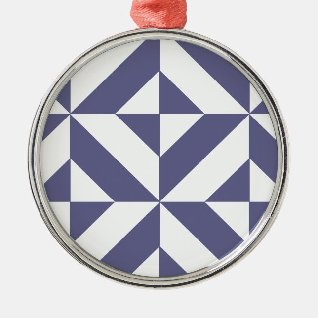 Midnight Blue Geometric Deco Cube Pattern Metal Ornament (Front)