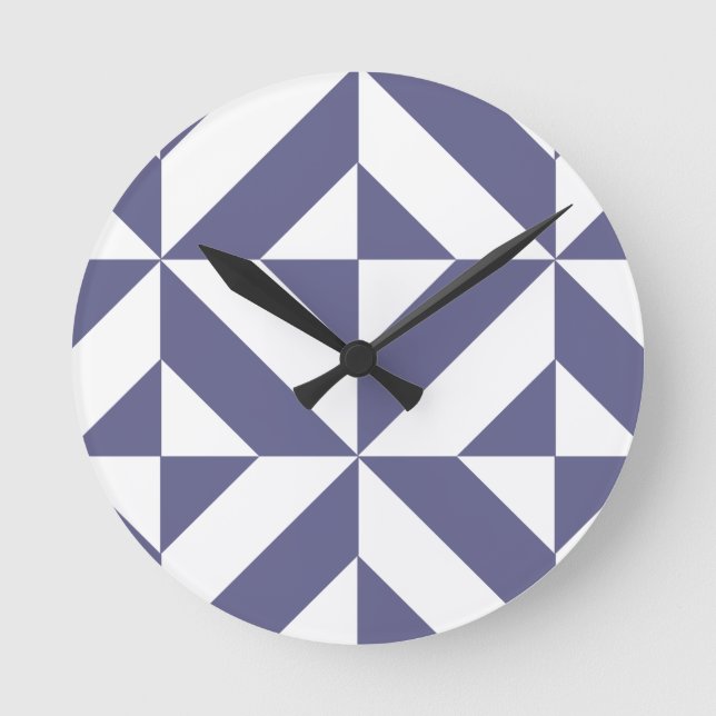 Midnight Blue Geometric Deco Cube Pattern Round Clock (Front)