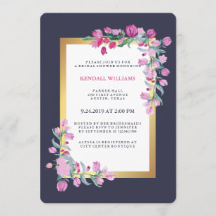 Midnight Blue, Gold and Pink Bougainvillea Flowers Invitation
