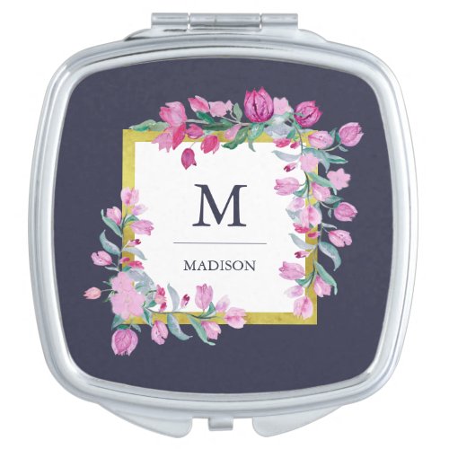Midnight Blue Gold and Pink Flowers with Monogram Compact Mirror