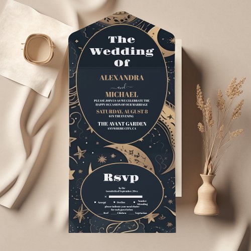 Midnight Blue Gold Celestial Wedding All In One Invitation