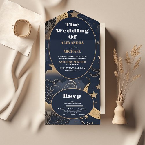 Midnight Blue Gold Celestial Wedding All In One Invitation